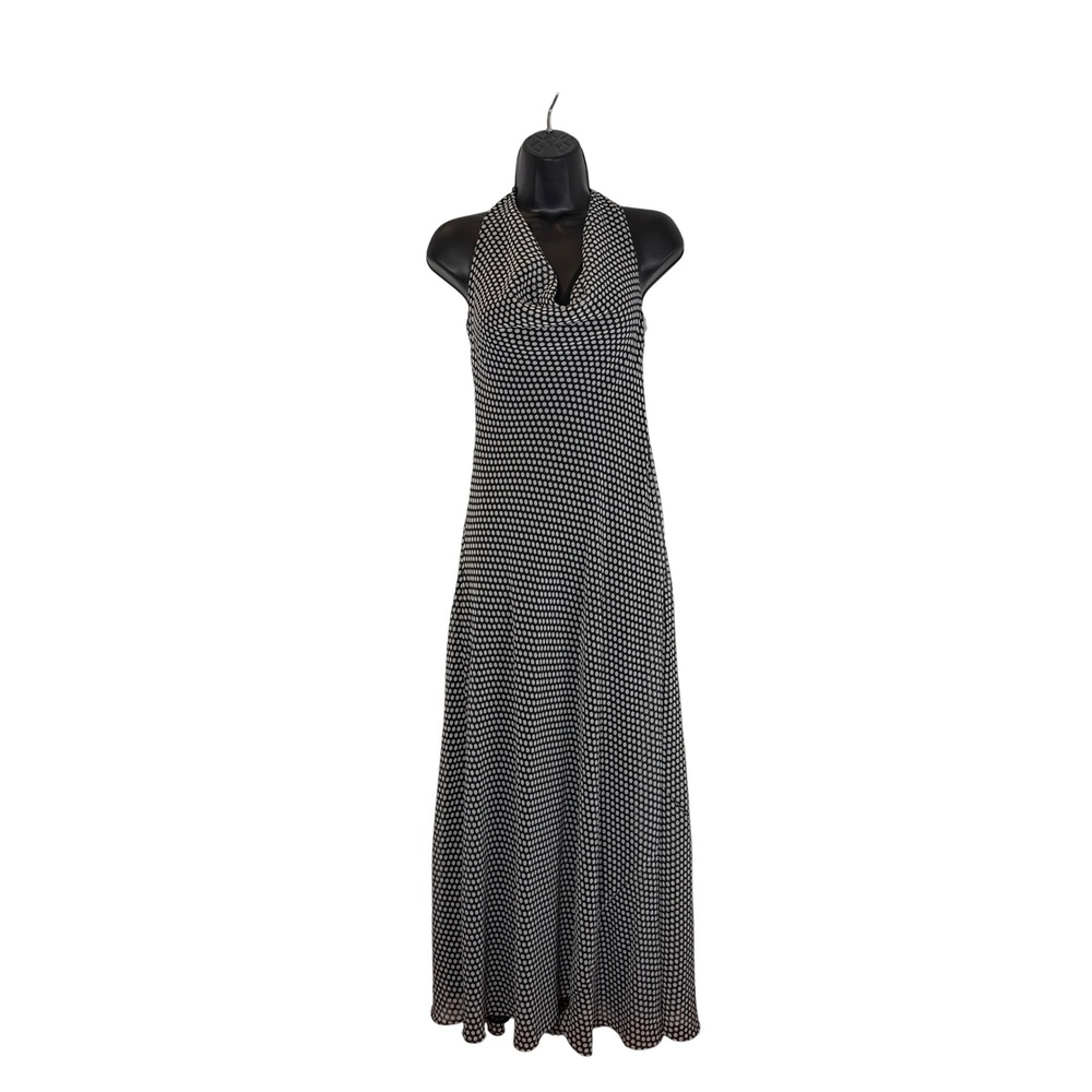 Black and White Polka Dot Halter Cowl Neck Maxi Dress Open Back Sleeveless